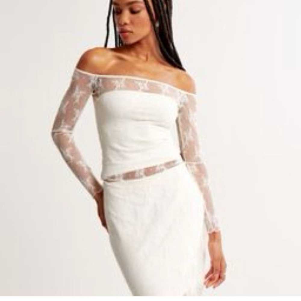 Abercrombie & Fitch White Lace Off Shoulder Sheer Long Sleeve Top NWOT Small